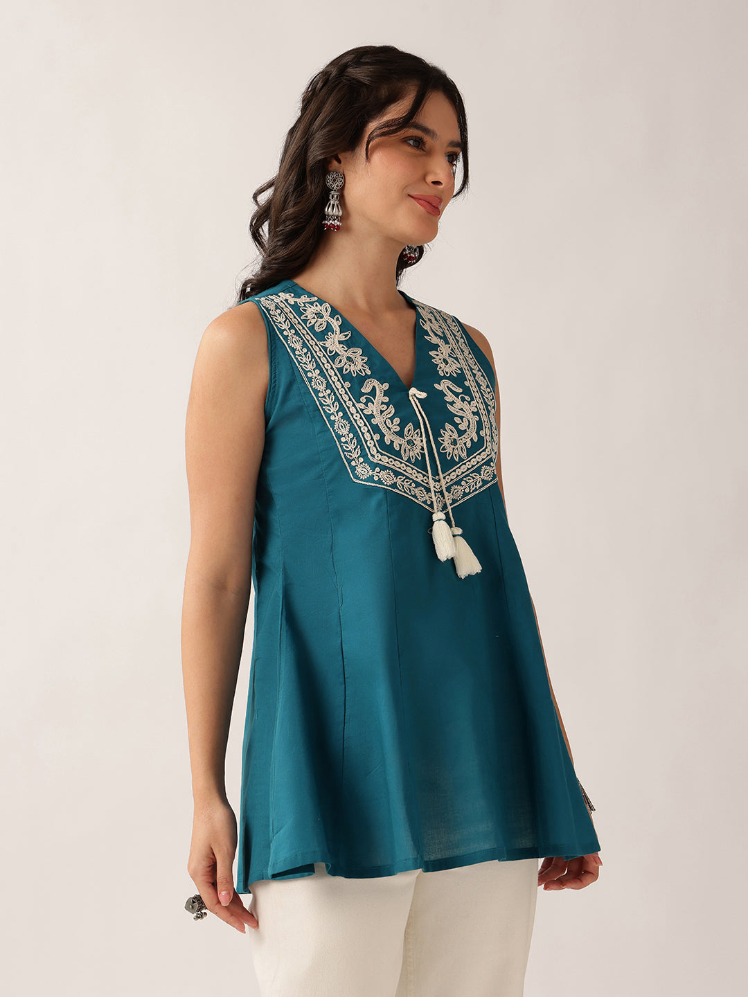 Teal Green Floral A-Line Cotton Tunic