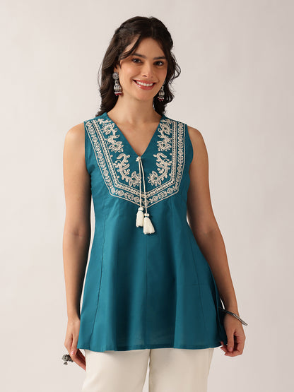 Teal Green Floral A-Line Cotton Tunic