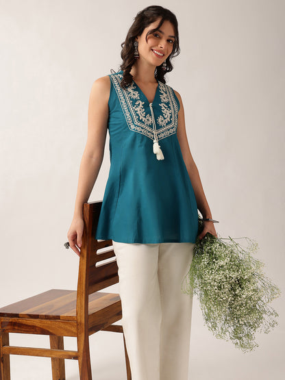 Teal Green Floral A-Line Cotton Tunic