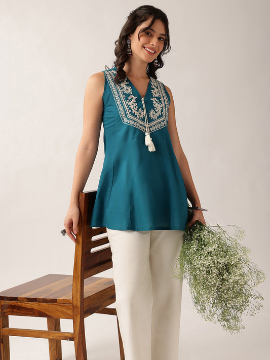 Teal Green Floral A-Line Cotton Tunic