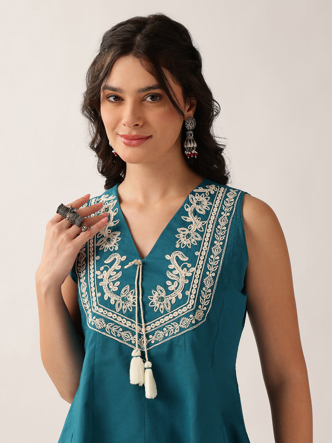 Teal Green Floral A-Line Cotton Tunic