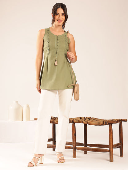 Pista Solid A-Line Cotton Stitched Tunic
