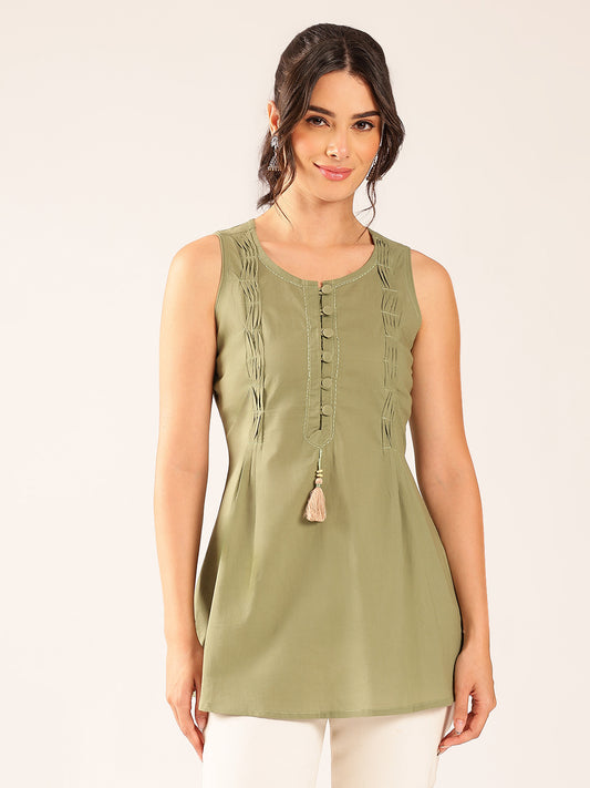 Pista Solid A-Line Cotton Stitched Tunic