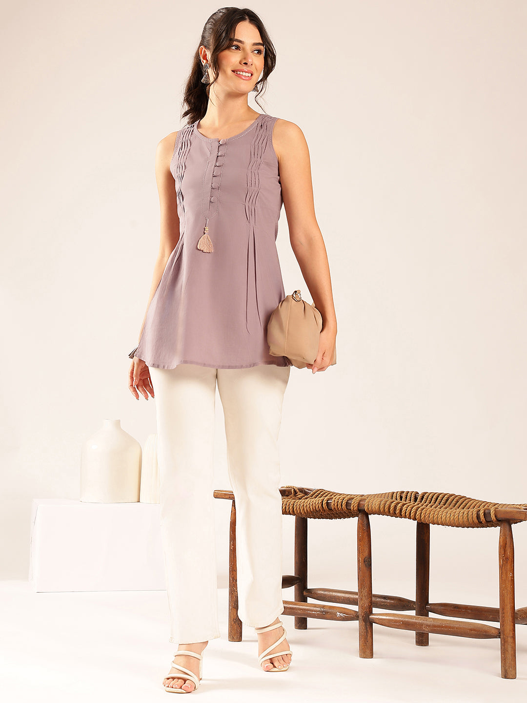 Grey Solid A-Line Cotton Stitched Tunic