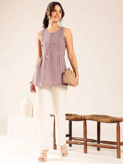 Grey Solid A-Line Cotton Stitched Tunic