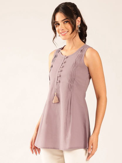 Grey Solid A-Line Cotton Stitched Tunic