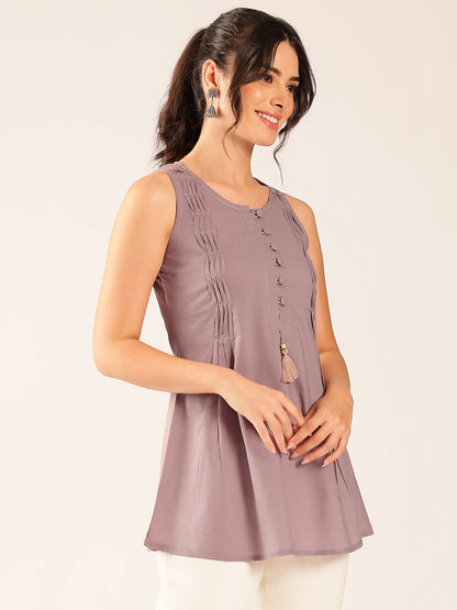 Grey Solid A-Line Cotton Stitched Tunic