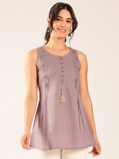 Grey Solid A-Line Cotton Stitched Tunic