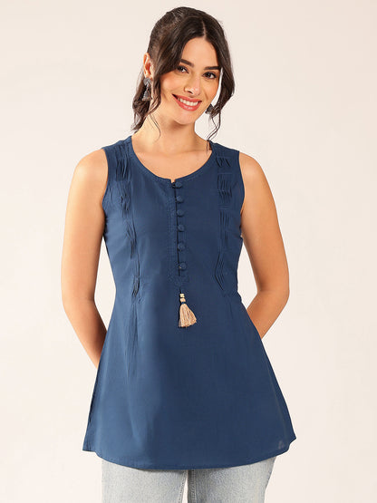 Navy  Solid A-Line Cotton Stitched Tunic