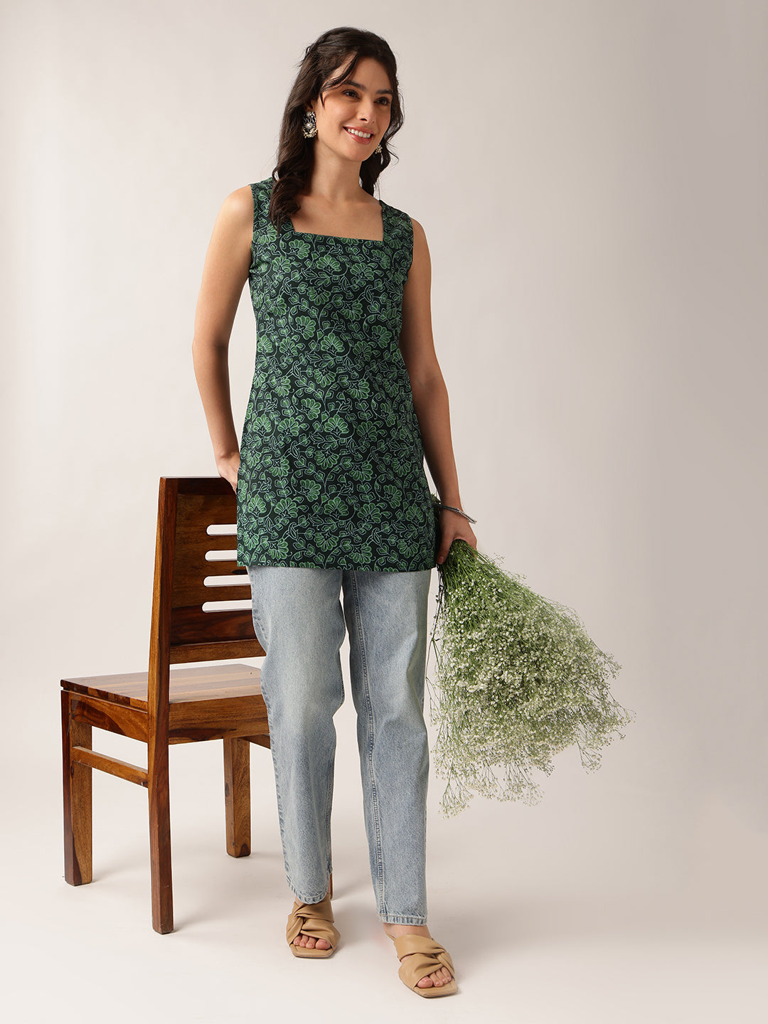 Green Floral Straight Cotton Tunic