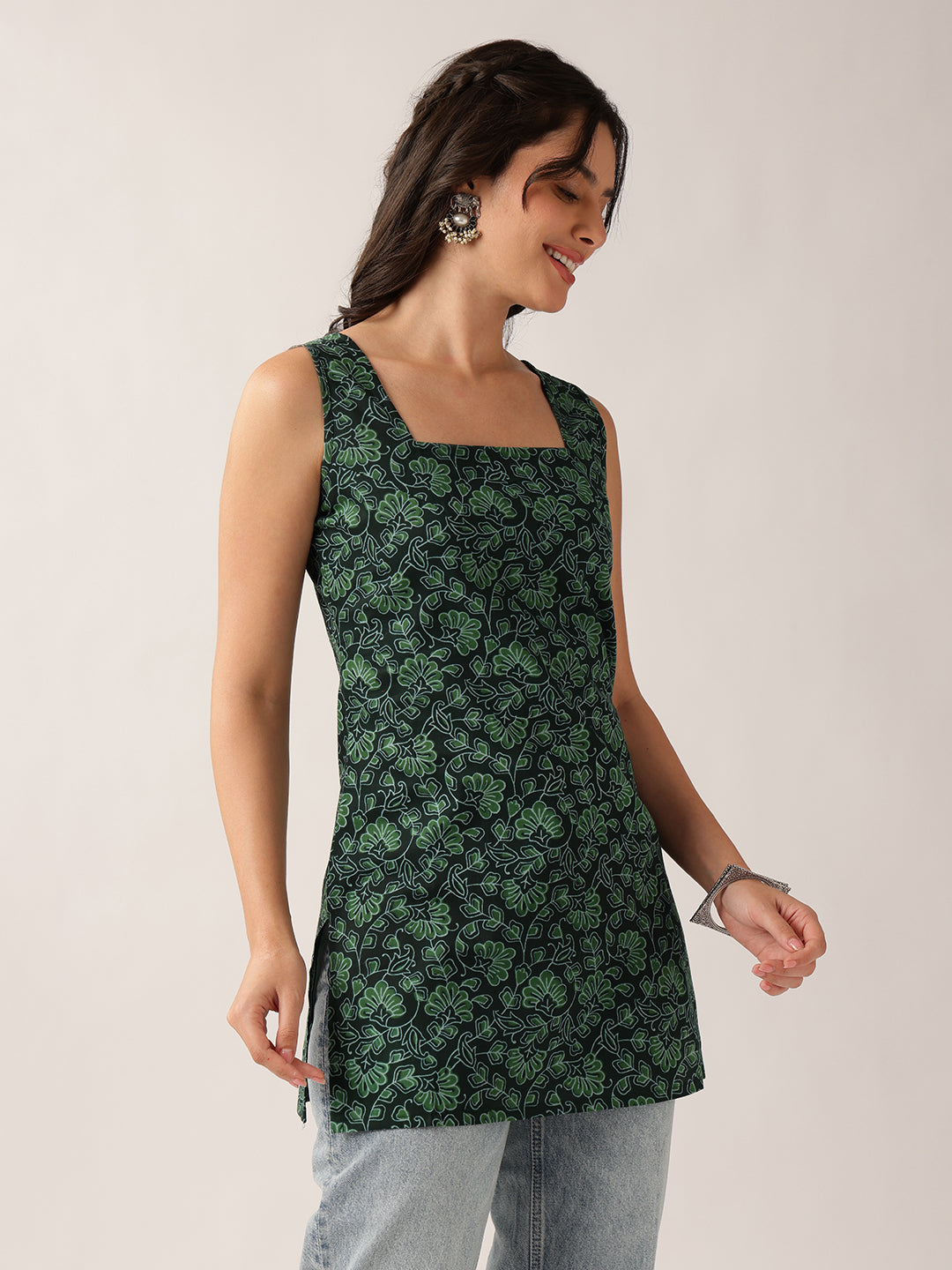 Green Floral Straight Cotton Tunic