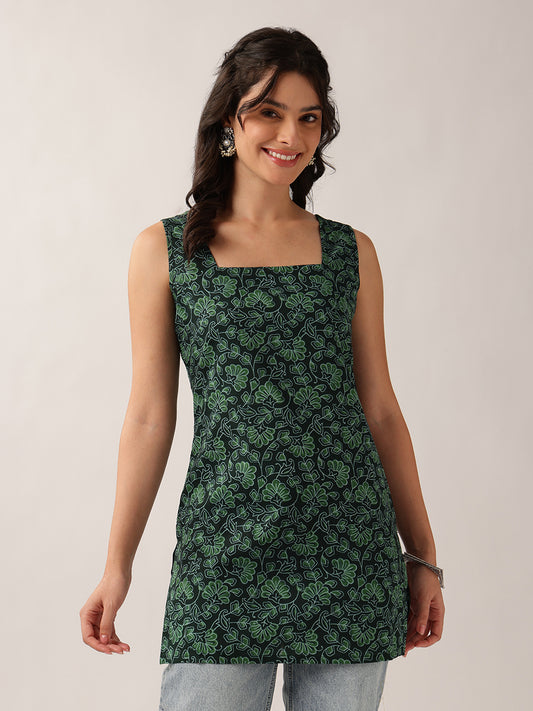 Green Floral Straight Cotton Tunic