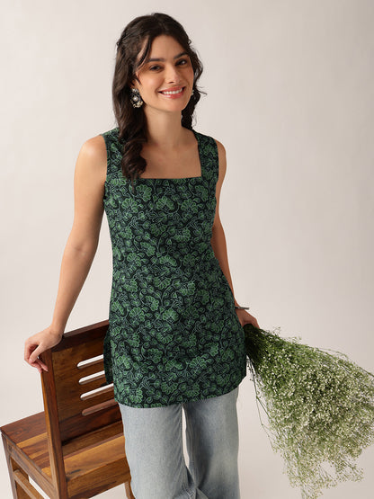 Green Floral Straight Cotton Tunic