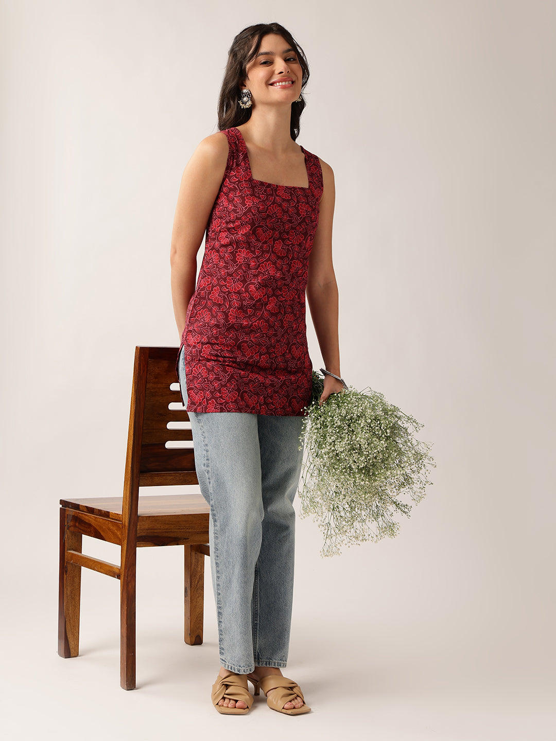 Women'S Red Floral Straight Cotton Tunic