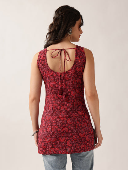 Women'S Red Floral Straight Cotton Tunic