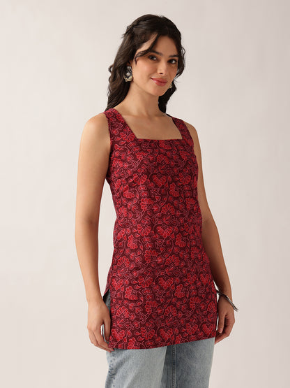 Women'S Red Floral Straight Cotton Tunic