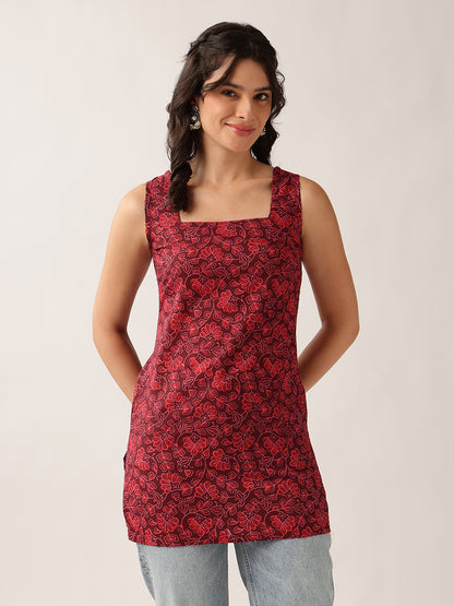 Women'S Red Floral Straight Cotton Tunic