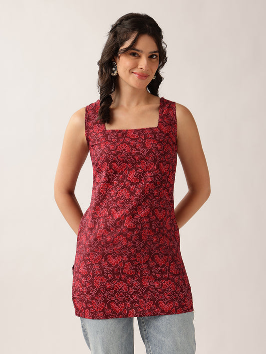 Red Floral Straight Cotton Tunic