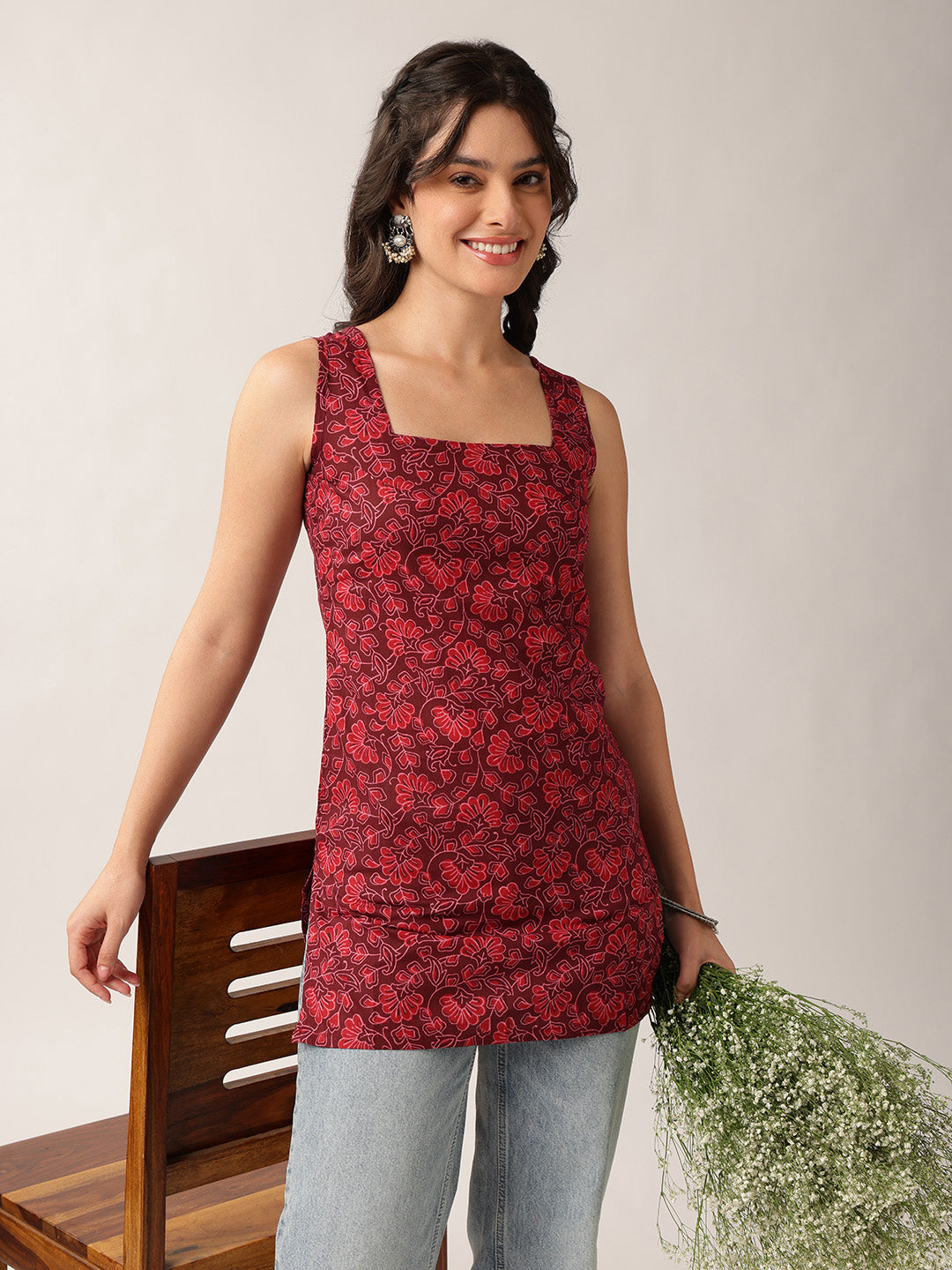 Women'S Red Floral Straight Cotton Tunic