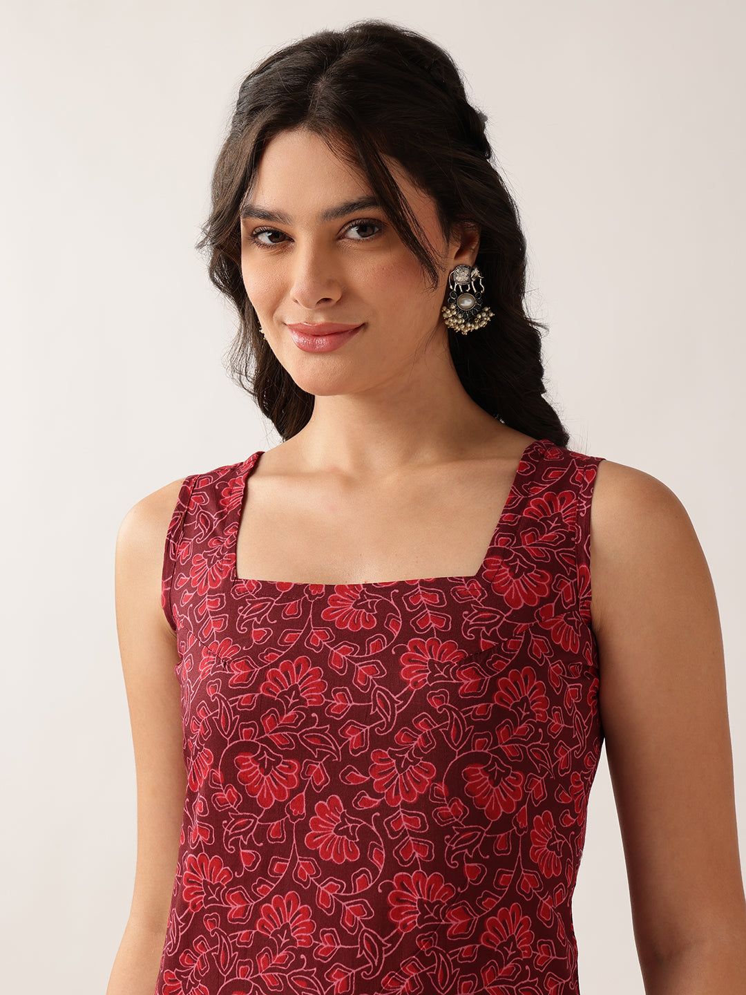 Women'S Red Floral Straight Cotton Tunic
