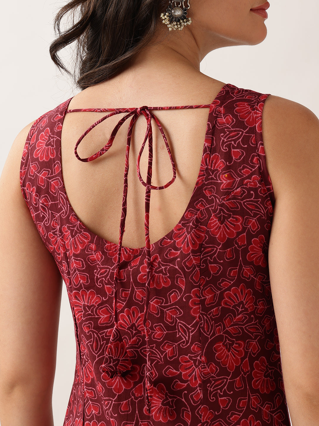Women'S Red Floral Straight Cotton Tunic