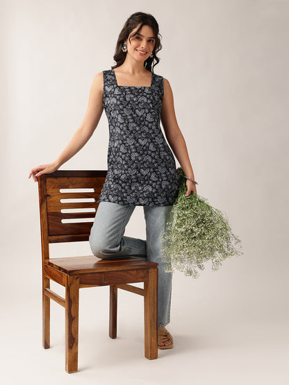 Black Floral Straight Cotton Tunic