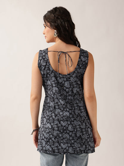 Black Floral Straight Cotton Tunic
