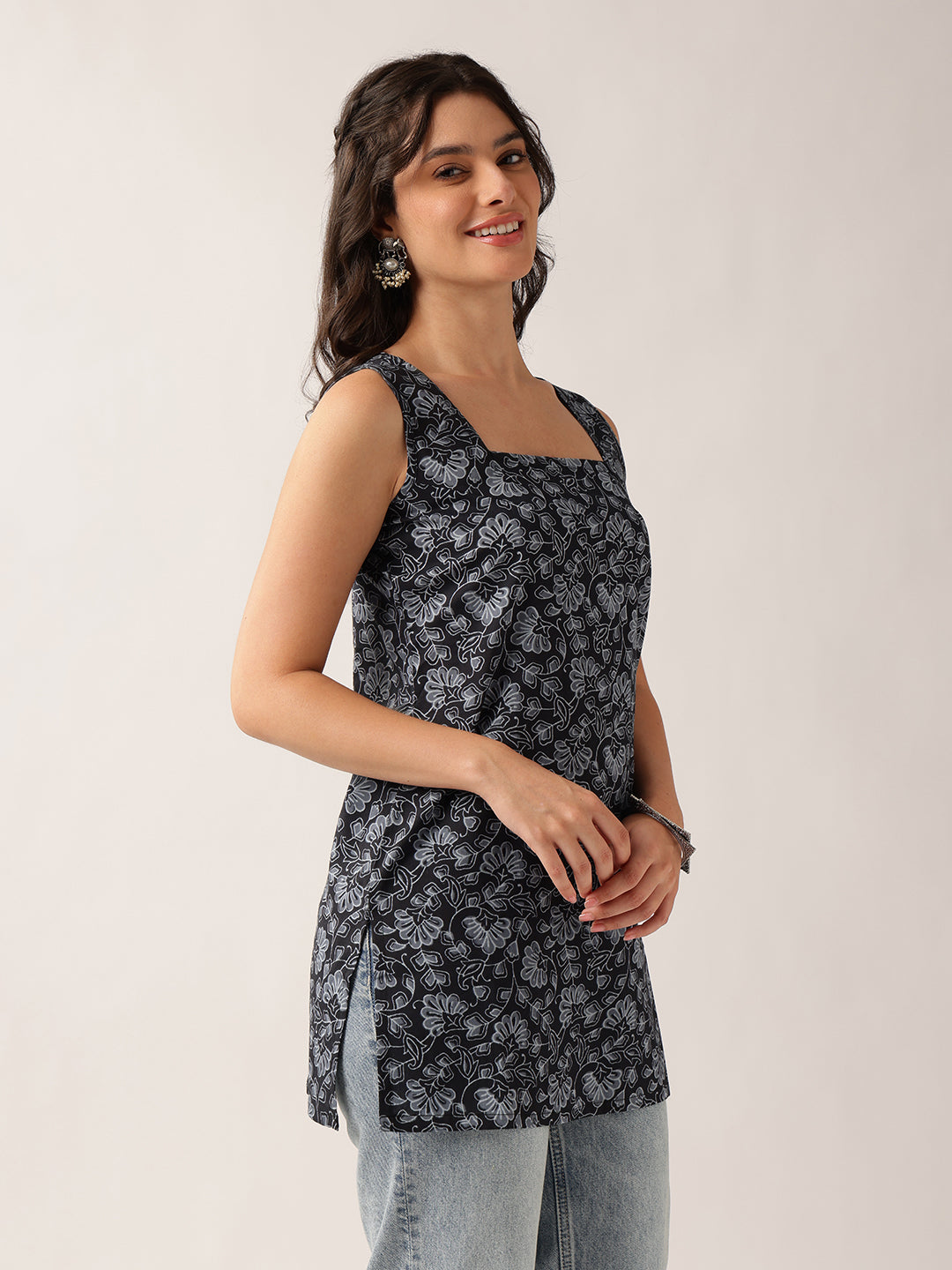 Black Floral Straight Cotton Tunic