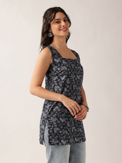 Black Floral Straight Cotton Tunic