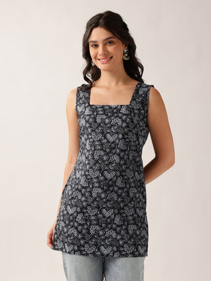 Black Floral Straight Cotton Tunic