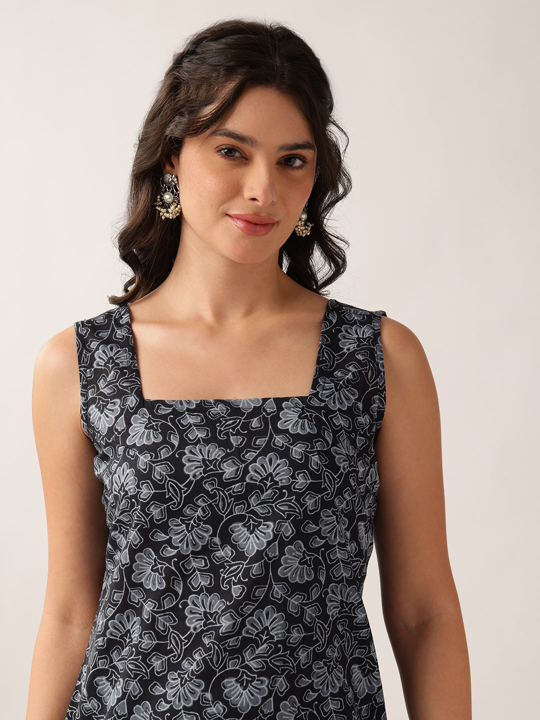 Black Floral Straight Cotton Tunic