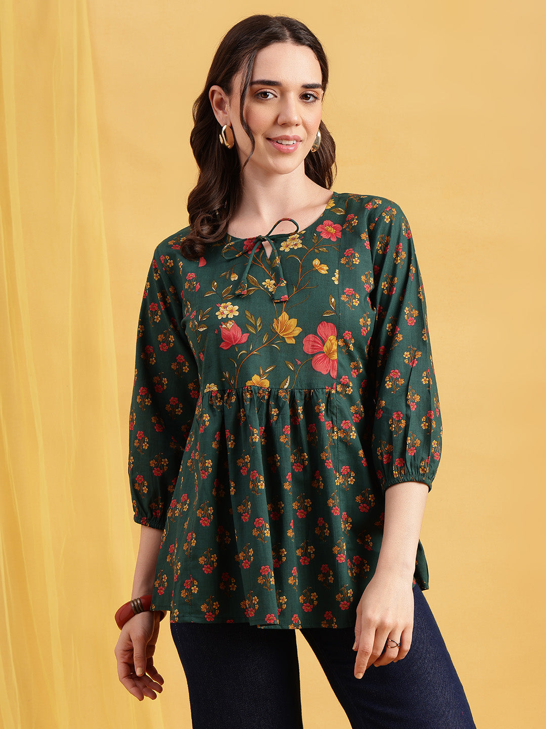 Green Floral Flared Cotton Stitched Tunic