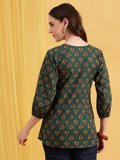 Green Floral Flared Cotton Stitched Tunic
