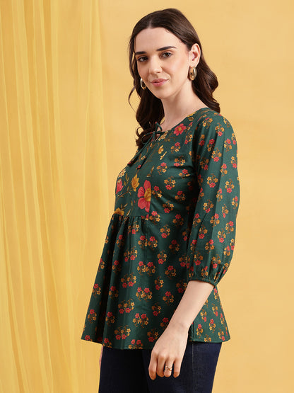 Green Floral Flared Cotton Stitched Tunic