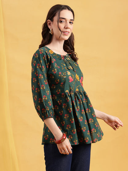 Green Floral Flared Cotton Stitched Tunic