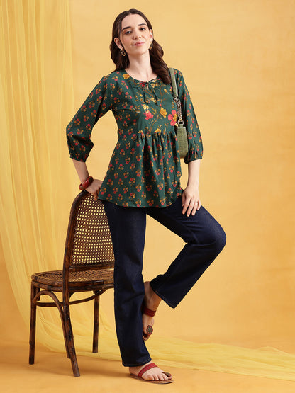Green Floral Flared Cotton Stitched Tunic