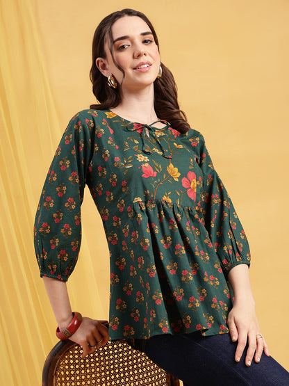 Green Floral Flared Cotton Stitched Tunic