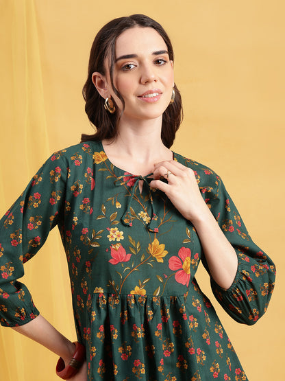 Green Floral Flared Cotton Stitched Tunic
