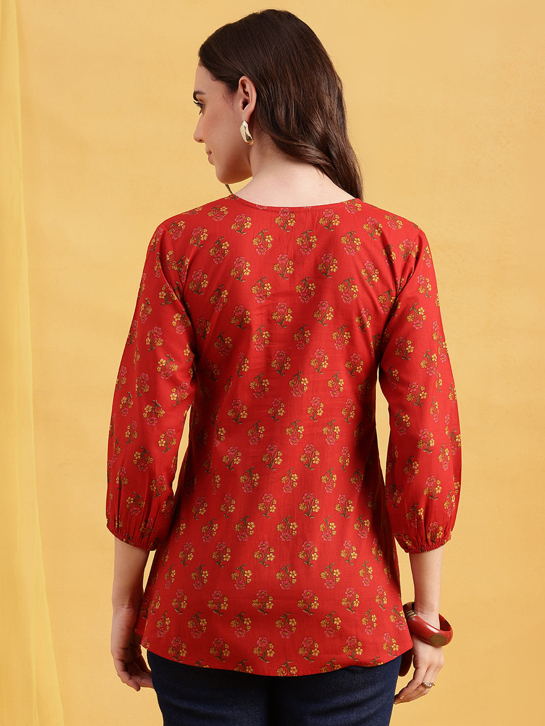 Red Floral Flared Cotton Stitched Tunic