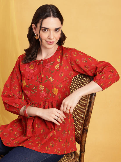 Red Floral Flared Cotton Stitched Tunic