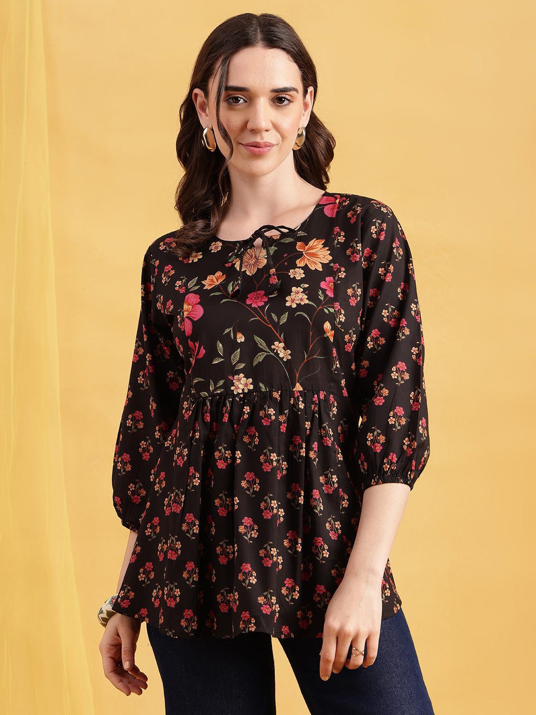 Black Floral Flared Cotton Stitched Tunic