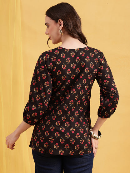 Black Floral Flared Cotton Stitched Tunic
