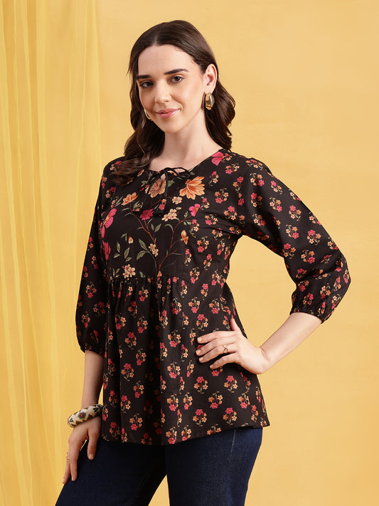 Black Floral Flared Cotton Stitched Tunic