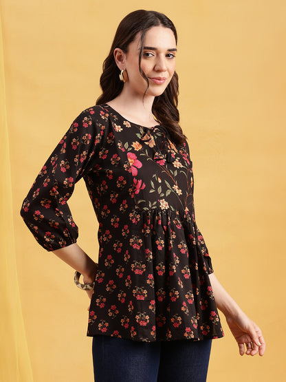Black Floral Flared Cotton Stitched Tunic