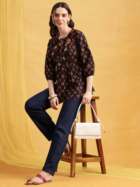 Black Floral Flared Cotton Stitched Tunic