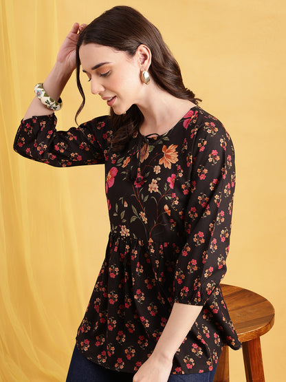Black Floral Flared Cotton Stitched Tunic
