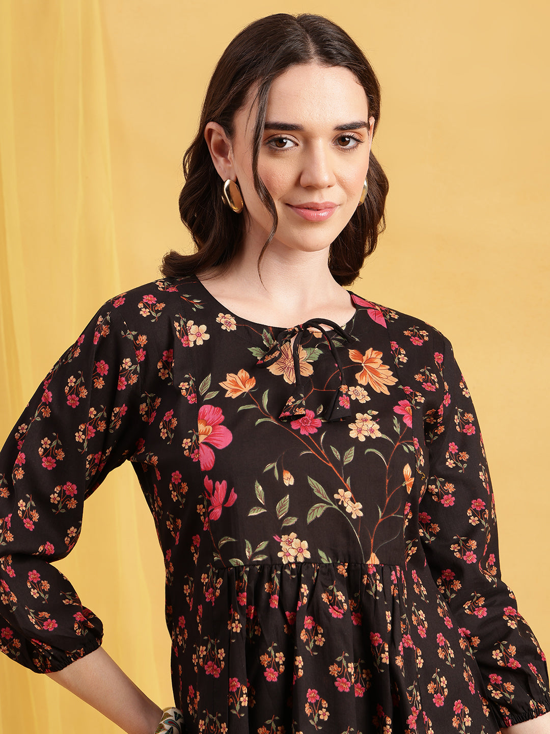 Black Floral Flared Cotton Stitched Tunic