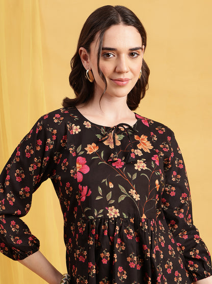 Black Floral Flared Cotton Stitched Tunic