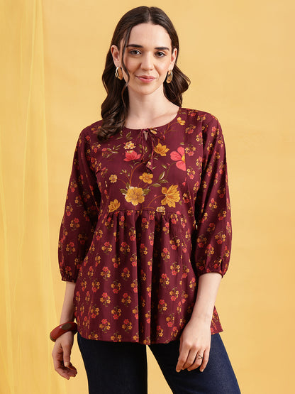 Wine Floral Flared Cotton Stitched Tunic