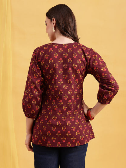 Wine Floral Flared Cotton Stitched Tunic